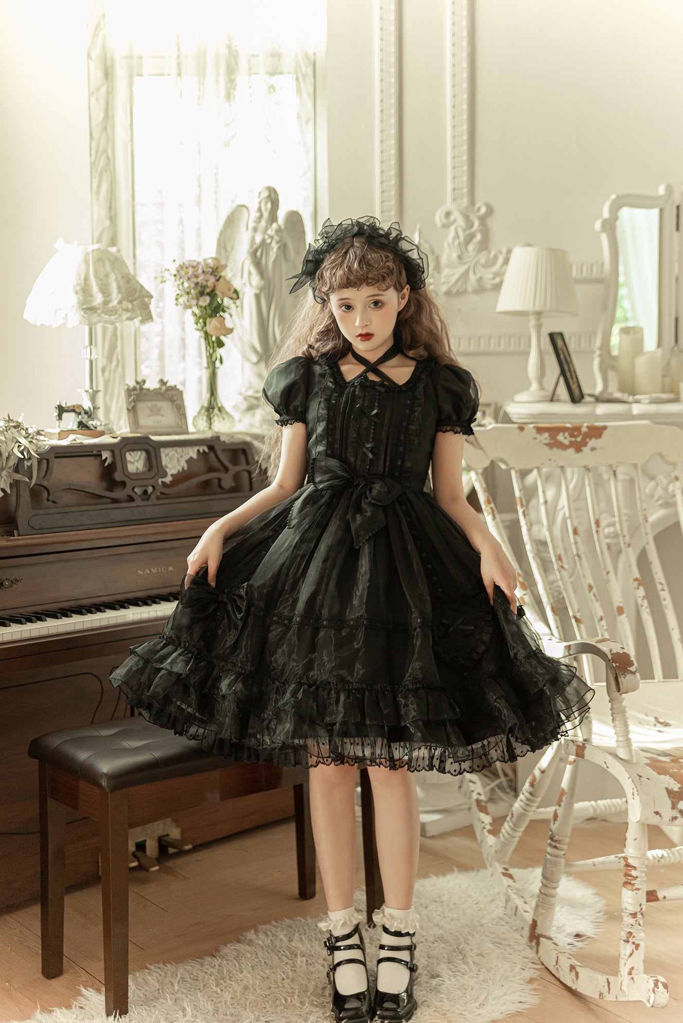 Little Bear~Mini Puff-Sleeve OP Dress with Organza   