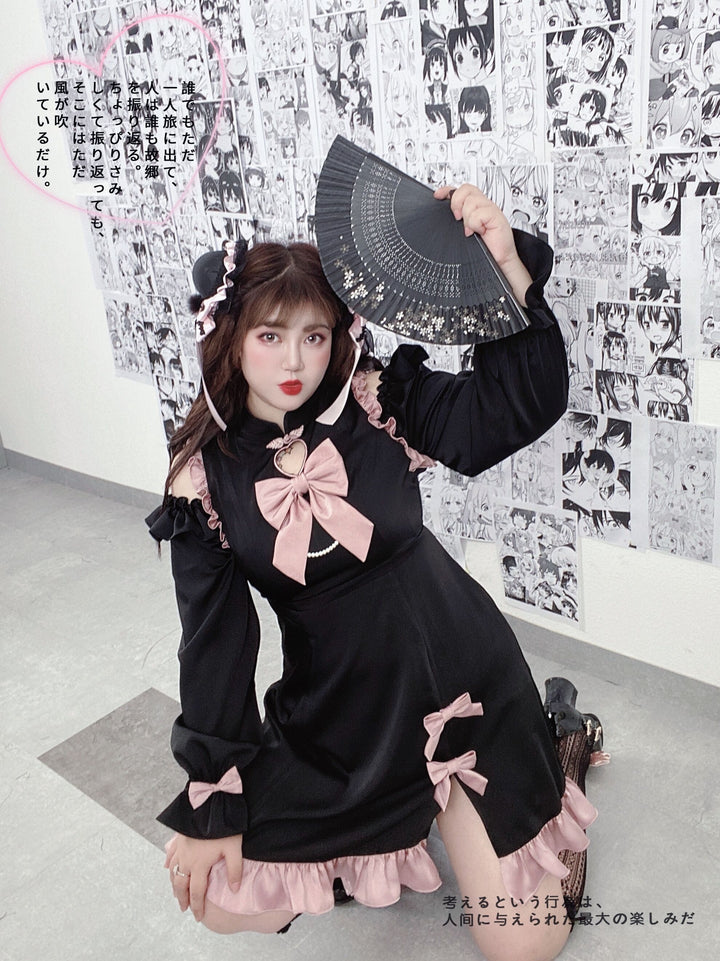 Yingtang~Plus Size Lolita Black Pink Cheongsam Dress Set 8218:104854