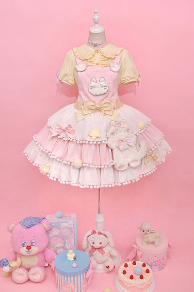 Alice Girl~Candy Cat~Sweet Lolita Dress Lovely Salopette XS pink-white（Salopette） 