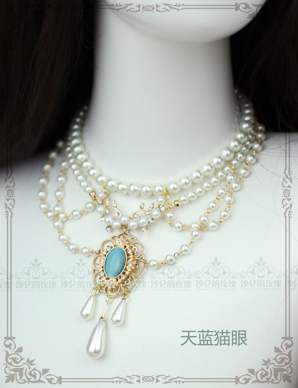 Rose of Sharon - Theresa - Vintage Wedding Lolita Necklace sky blue opal