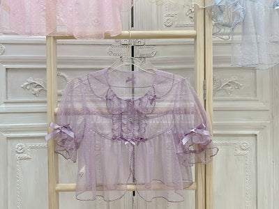 Little Dipper~Floral Mesh Short Sleeve Lolita Top Multicolors S purple grey 