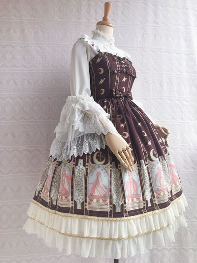 Yilia ~ Constellation Printing Chiffon Lolita JSK Dress XS brown (long verion) 