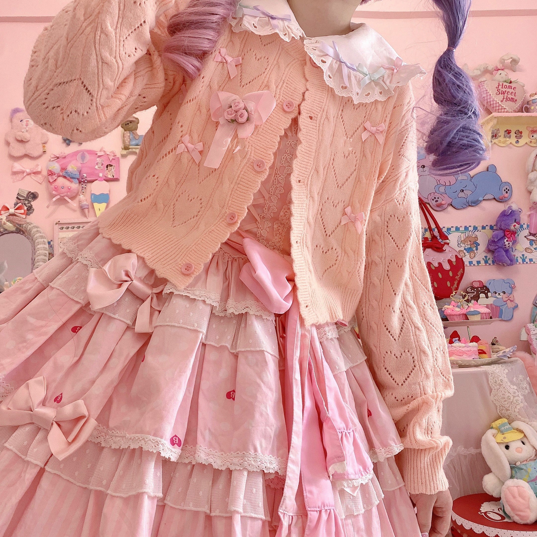MIST - Hollow Out Long Sleeve Lolita Cardigan Multicolors S pink