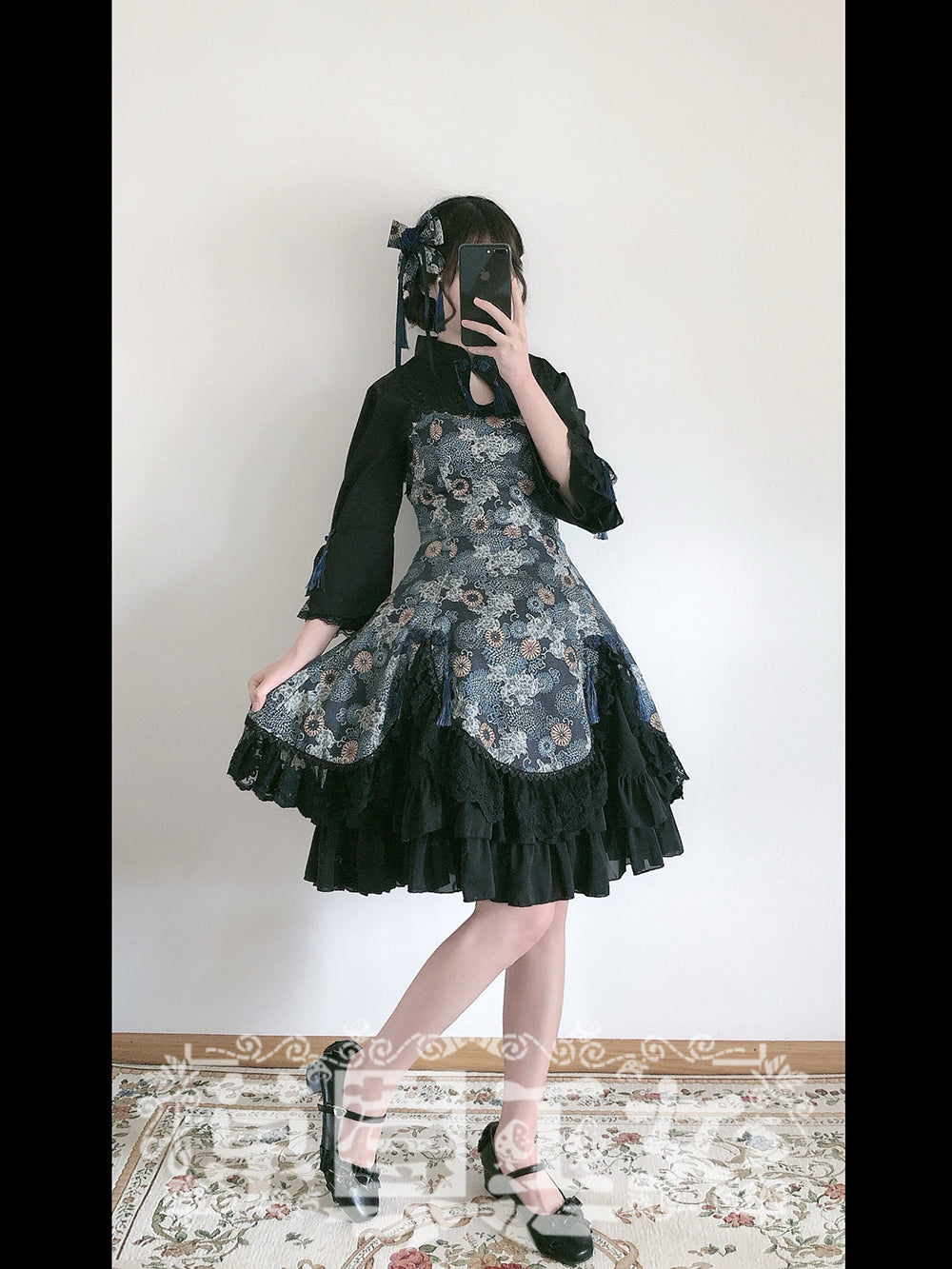 Strawberry Witch~Floral Chinese Qi Lolita OP Dress S balck blue 