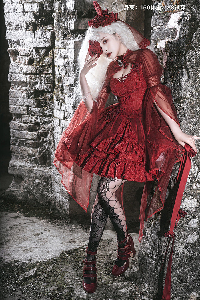 Alice Girl~Gothic Lolita SK Set~Blood Rose Skirt and Corset S wine red set 1 (top +skirt+choker+apron yarn veil) 