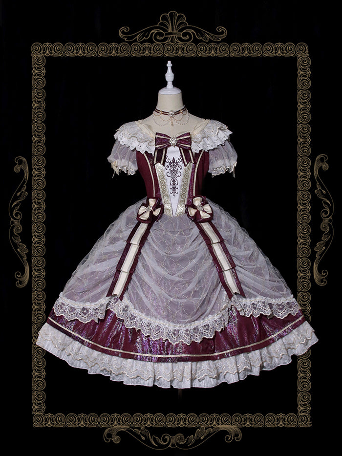 Alice Girl~Palace Retro Lolita Dress~Girl Anniversary Short Sleeve OP wine red (long fantasy version) S 