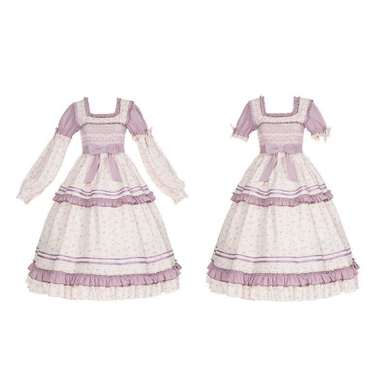 With Puji ~ Letter and Poem~Lolita OP Dress S beige and purple（with sleeves and bowknot） 
