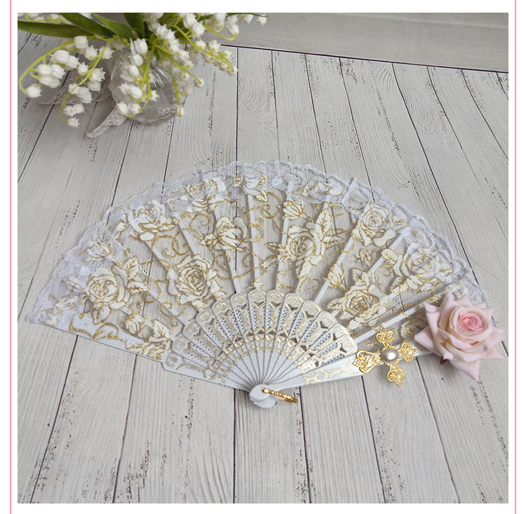 Cocoa Jam- Gothic Lolita Lace Gorgeous Folding Fan white fan+pink rose