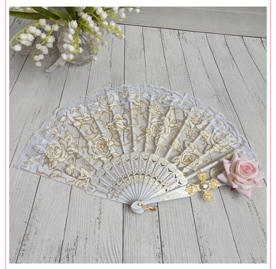 (Buy for me) Cocoa Sauce~Gothic Lolita Lace Gorgeous Folding Fan white fan+pink rose  