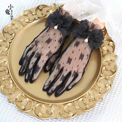 Xiaogui - Lace Bowknot Flower Vintage Lolita Gloves One Size black bow