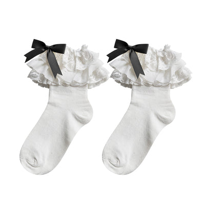 (BuyForMe) Mixiu~Lolita Bow Cotton Socks Lace Socks Free size short white with black bow 