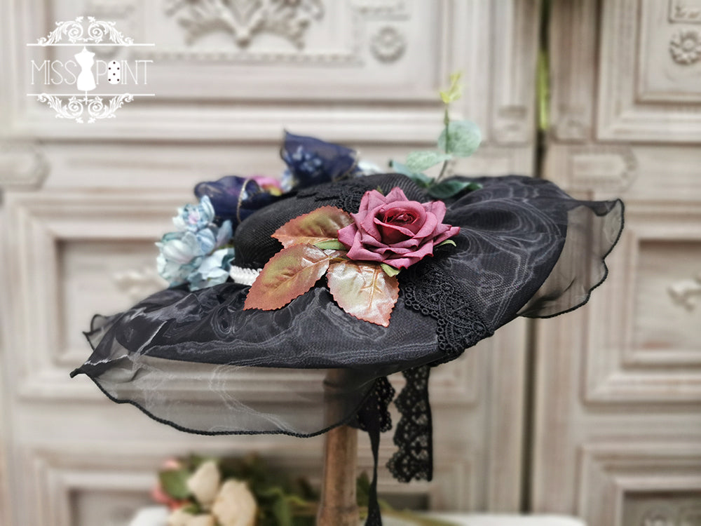 Miss Point - Woody Rose - Elegant Flower Lolita Hat black big hat (Replace brown leaves with green)