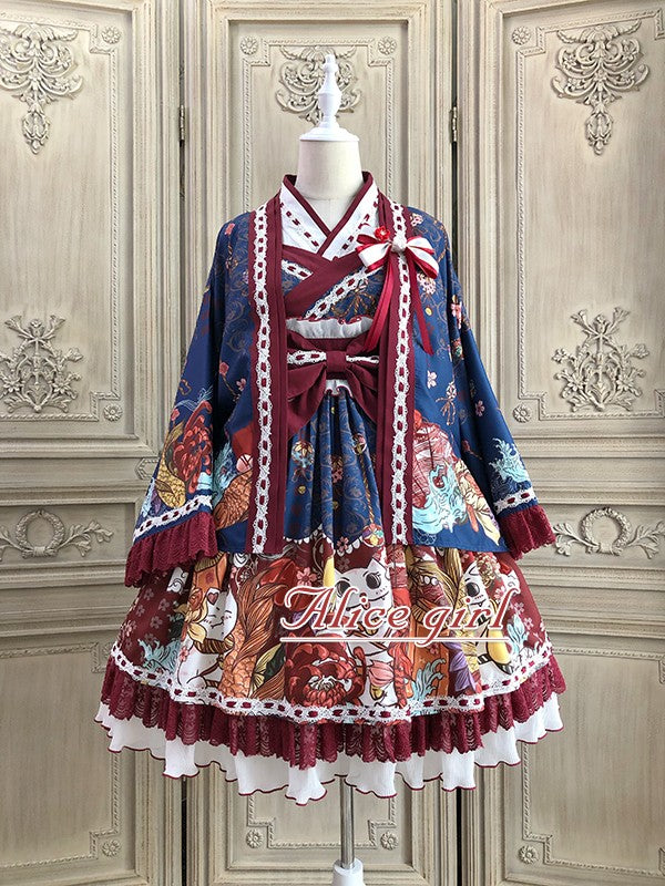 Alice Girl~Lucky Cat~Wa Lolita  Cat Printed Jumper Skirt   