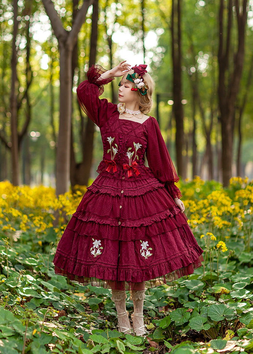 Infanta~Melaleuca Lily~Embroidery Country Lolita Blouse and Skirt M red set