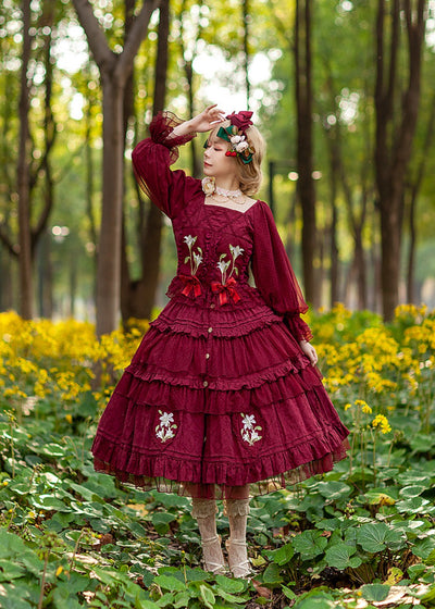 Infanta~Melaleuca Lily~Embroidery Country Lolita Blouse and Skirt M red set 