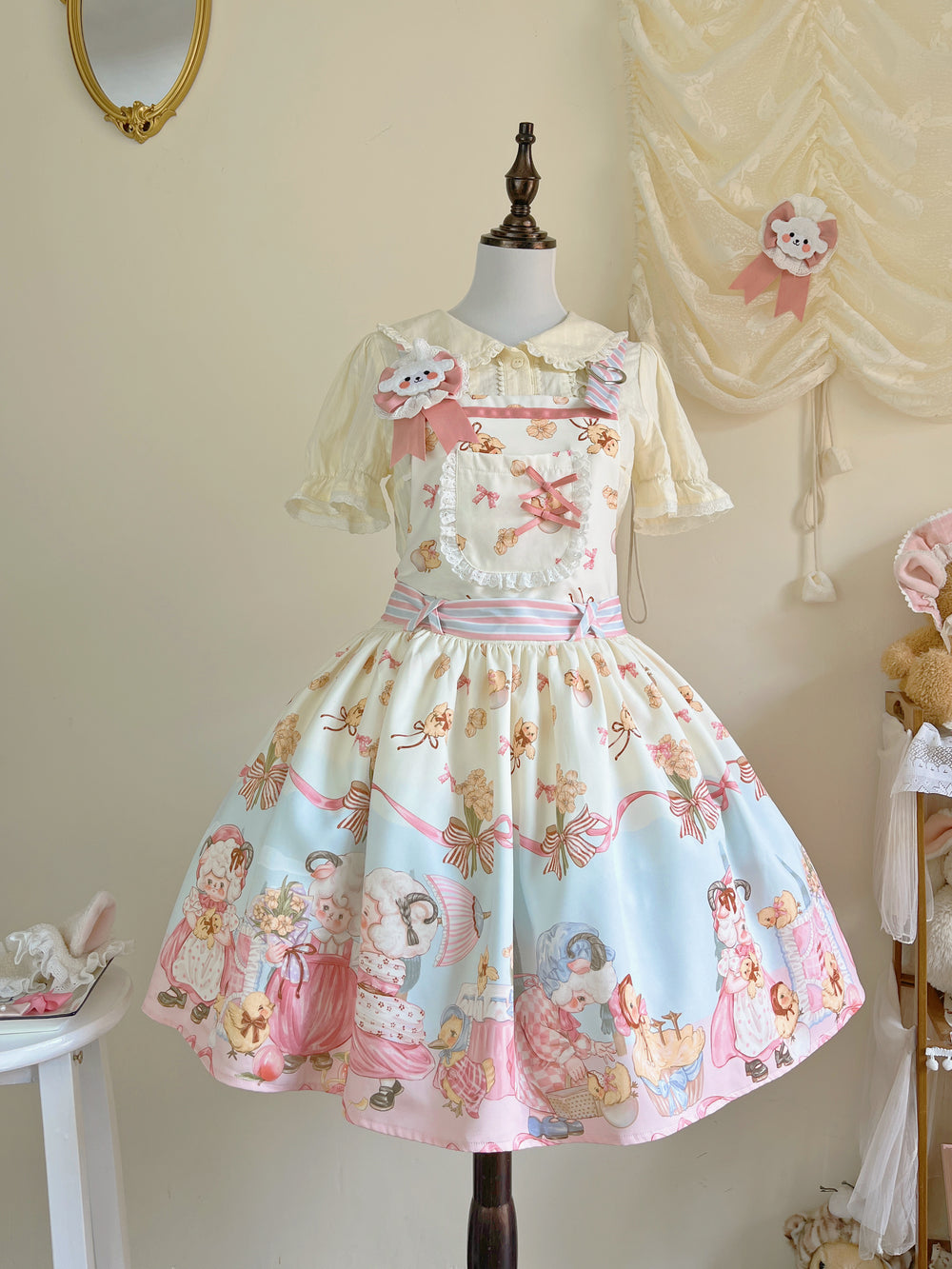 (Buyforme)MeowMeow~Sheep Pattern Waltz Princess Lolita JSK Salopette S ivory color salopette