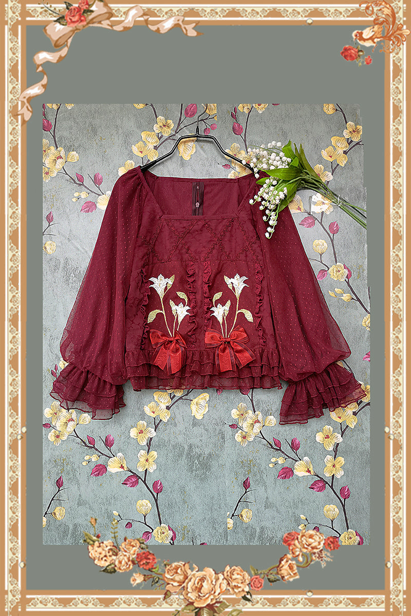 Infanta~Melaleuca Lily~Embroidery Country Lolita Blouse and Skirt M red blouse 