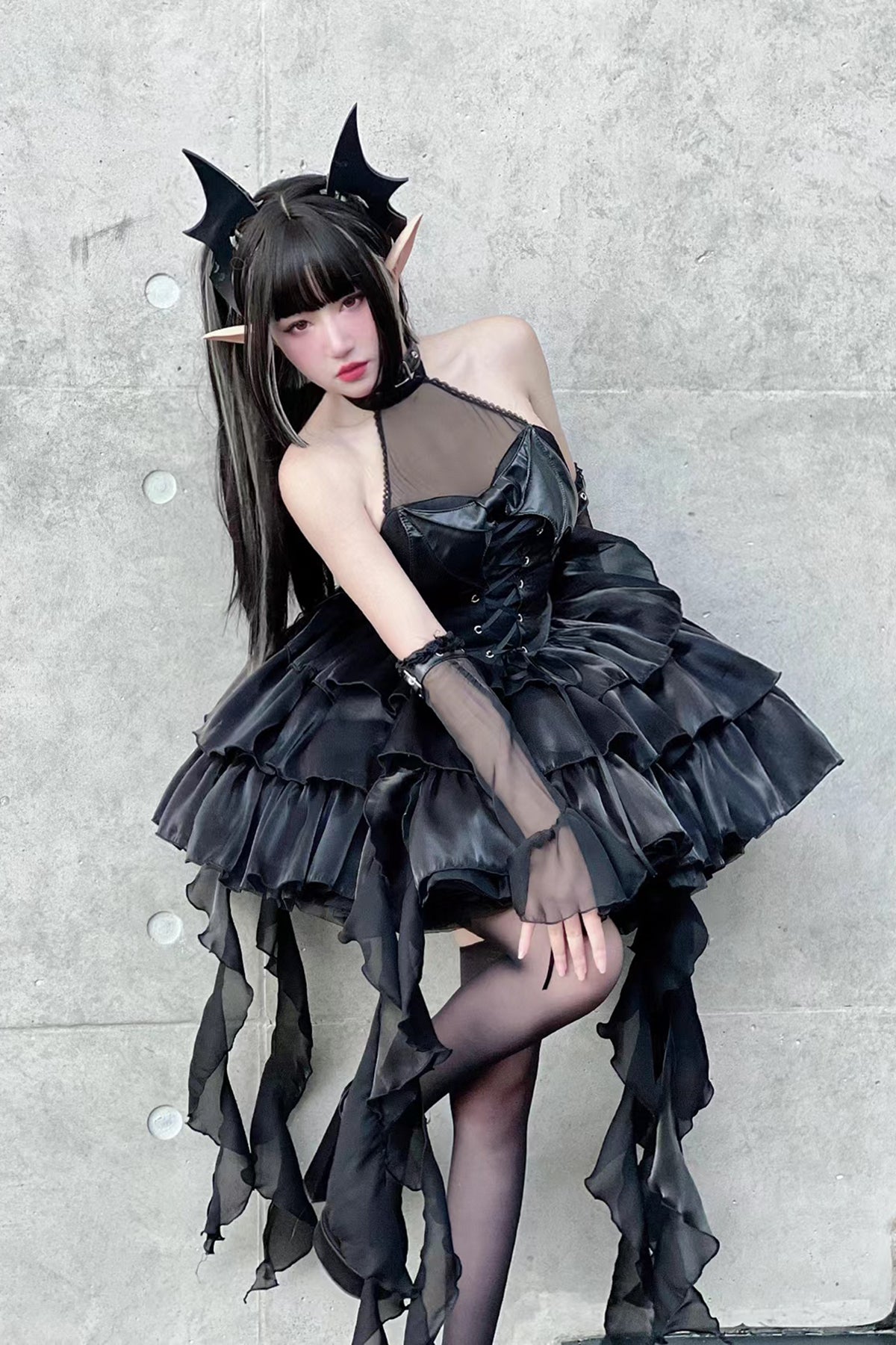 Diamond Honey~Gothic Dark-theme Little Devil Sexy Lolita Jumper Dress black mesh sleeve black 