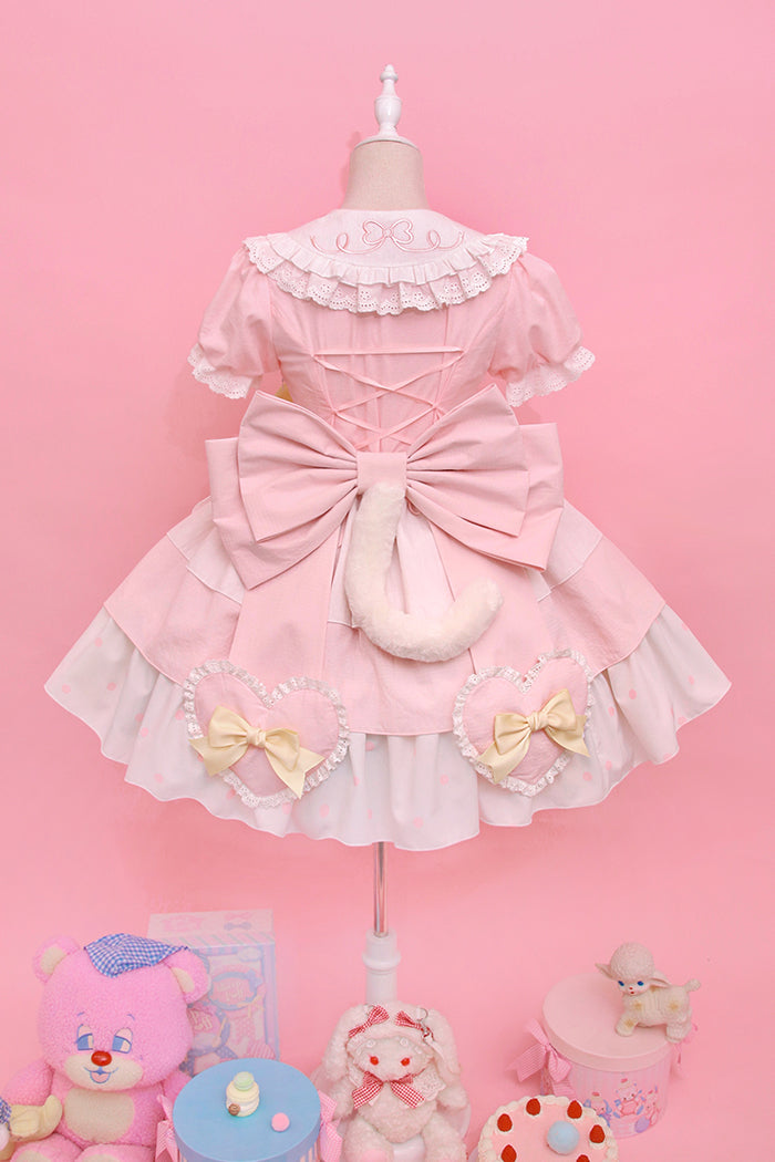 Alice Girl~Sweet Lolita Dress~Candy Cat OP Dress XS pink-white（OP+back bow+tail） 