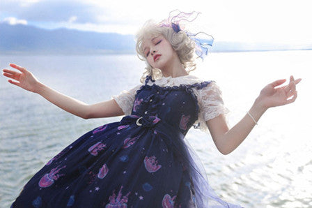 (Buyforme)LilithEye~Jellyfish Meteor~Chiffon Fairy Jellyfish Printed Lolita JSK S type 1 navy blue 