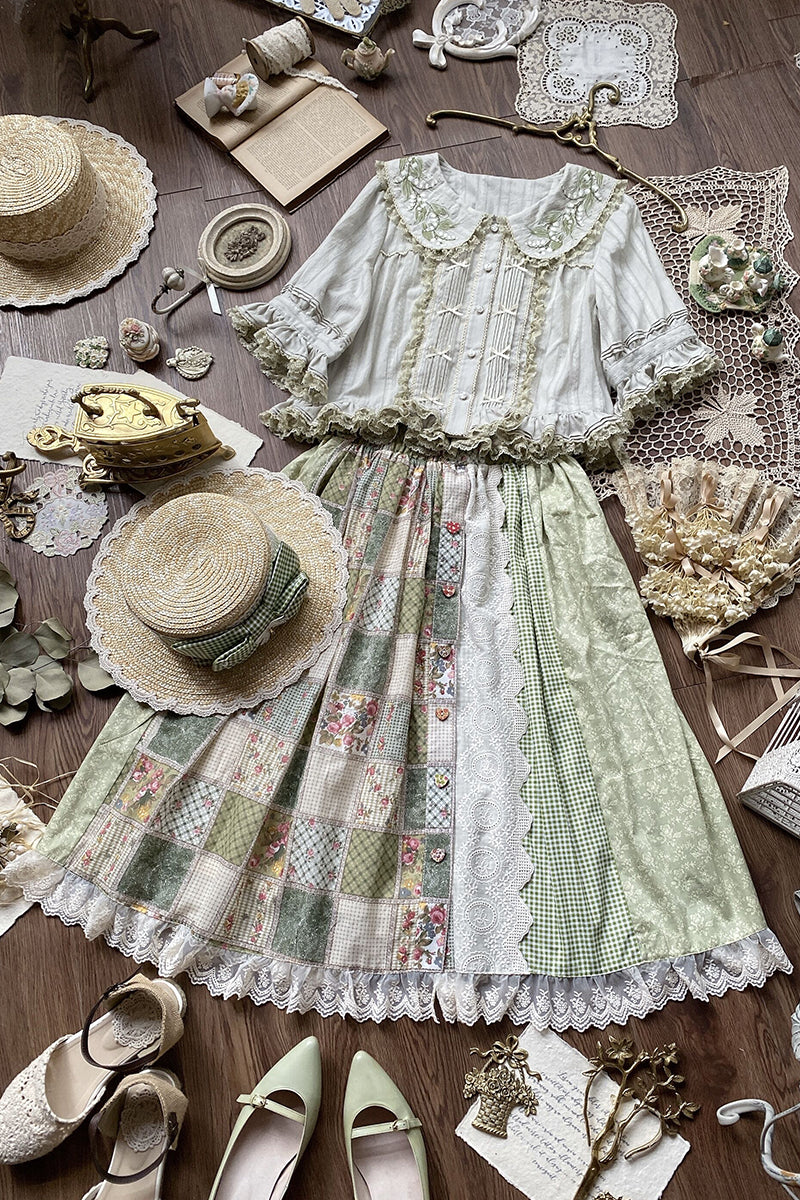 SweetDreamer - Nemo's Garden - Country Lolita Patchwork Skirt One Size clover/length 73cm
