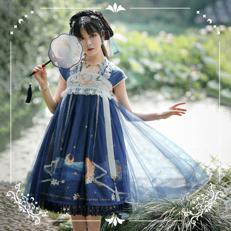 (Buyforme)NyaNya~Han Lolita Blue Chest-level Embroidered OP S dark blue 
