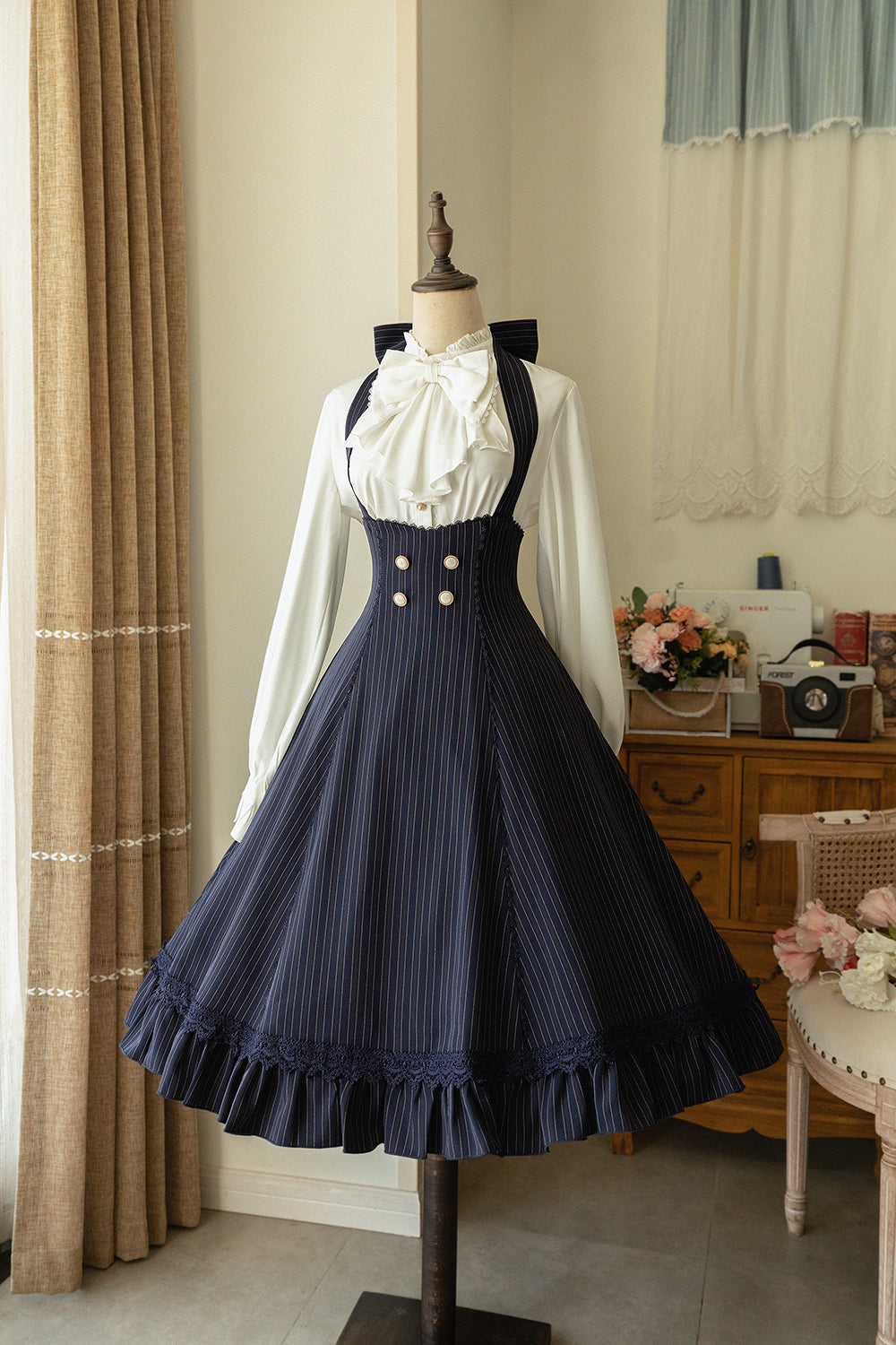 Forest Wardrobe - South of the Forest - Vintage Lolita Halter JSK Dress French Style Blouse S Navy Blue Striped JSK (pre-order)