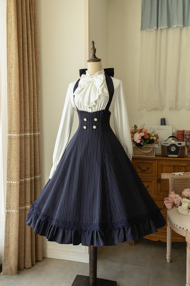 (BuyForMe) Forest Wardrobe~South of the Forest~Vintage Lolita Halter JSK Dress French Style Blouse S navy blue striped JSK 