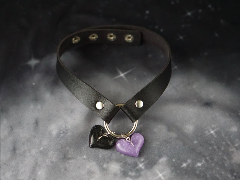 Strange Sugar - Gothic Lolita Cross Leather Choker No.2 Black and purple heart