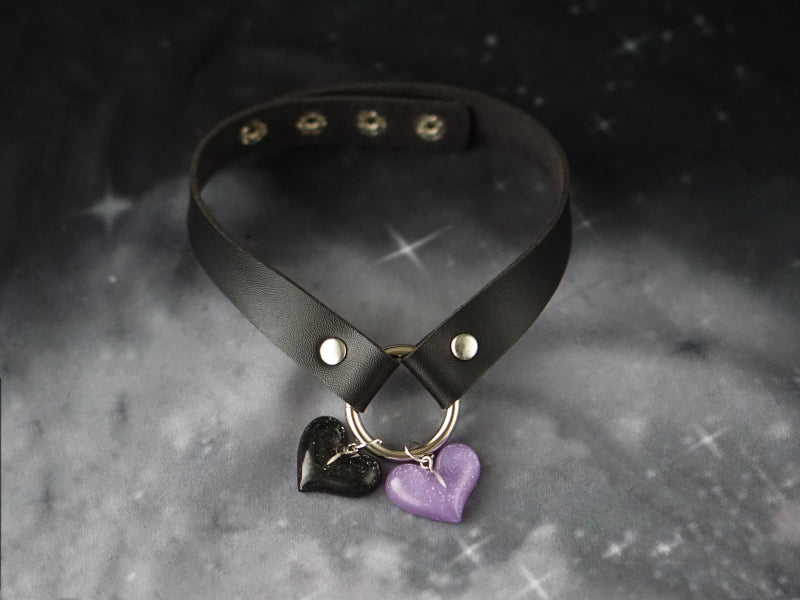 Strange Sugar~Gothic Lolita Cross Leather Choker No.2 black and purple heart  