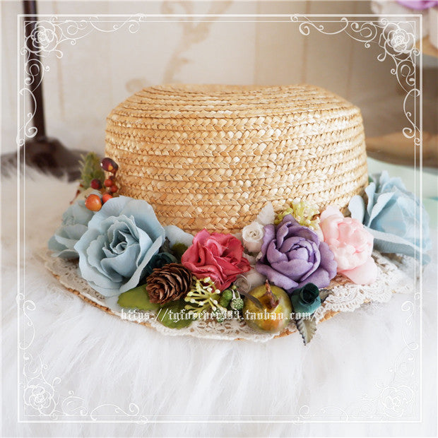 Fox Cherry~Sweet Lolita Bow Straw Hat M（56-58 cm/22-22.8 inches） forest flower straw hat 