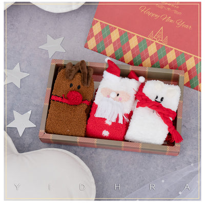 Yidhra~Coral Flannelette Warm Kawaii Lolita Christmas Socks freesize Christmas set (3pairs) 
