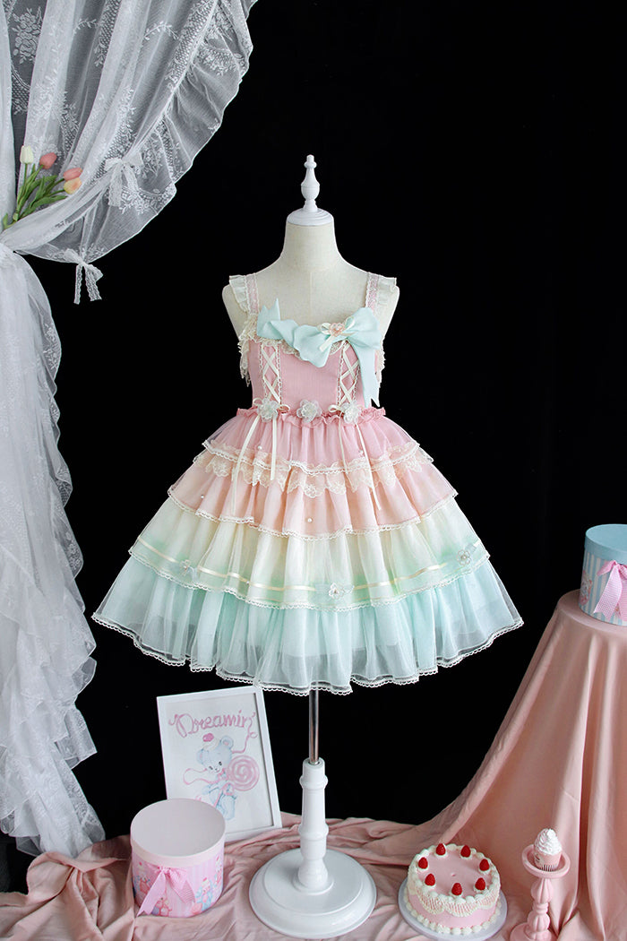 (BuyForMe) Alice Girl~Rainbow Tiered Sweet Lolita JSK Dress XS pink JSK 