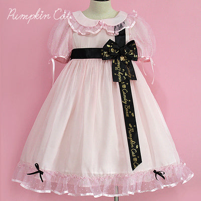 Pumpkin Cat~Candy Boxes Sweet Lolita OP Dress S voile light pink with black silk ribbon 
