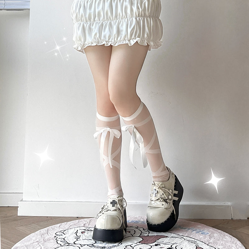 Roji Roji~Lace-up Sweet Lolita Summer Socks Free size white 