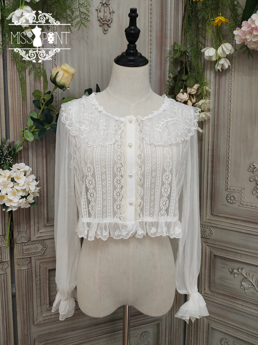 Miss Point - Woody Rose - Elegant Retro Lolita Blouse S white long sleeve
