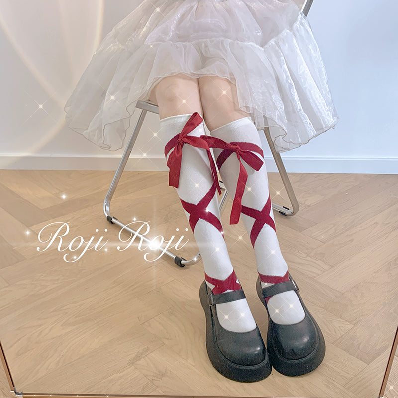 Roji roji~Uniform Cotton Lolita Autumn Calf Socks free size wine red bow tie 