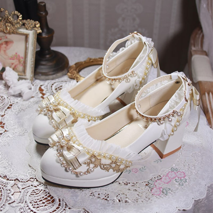 One Night~Handmade White Wedding Lolita Heel Shoes   