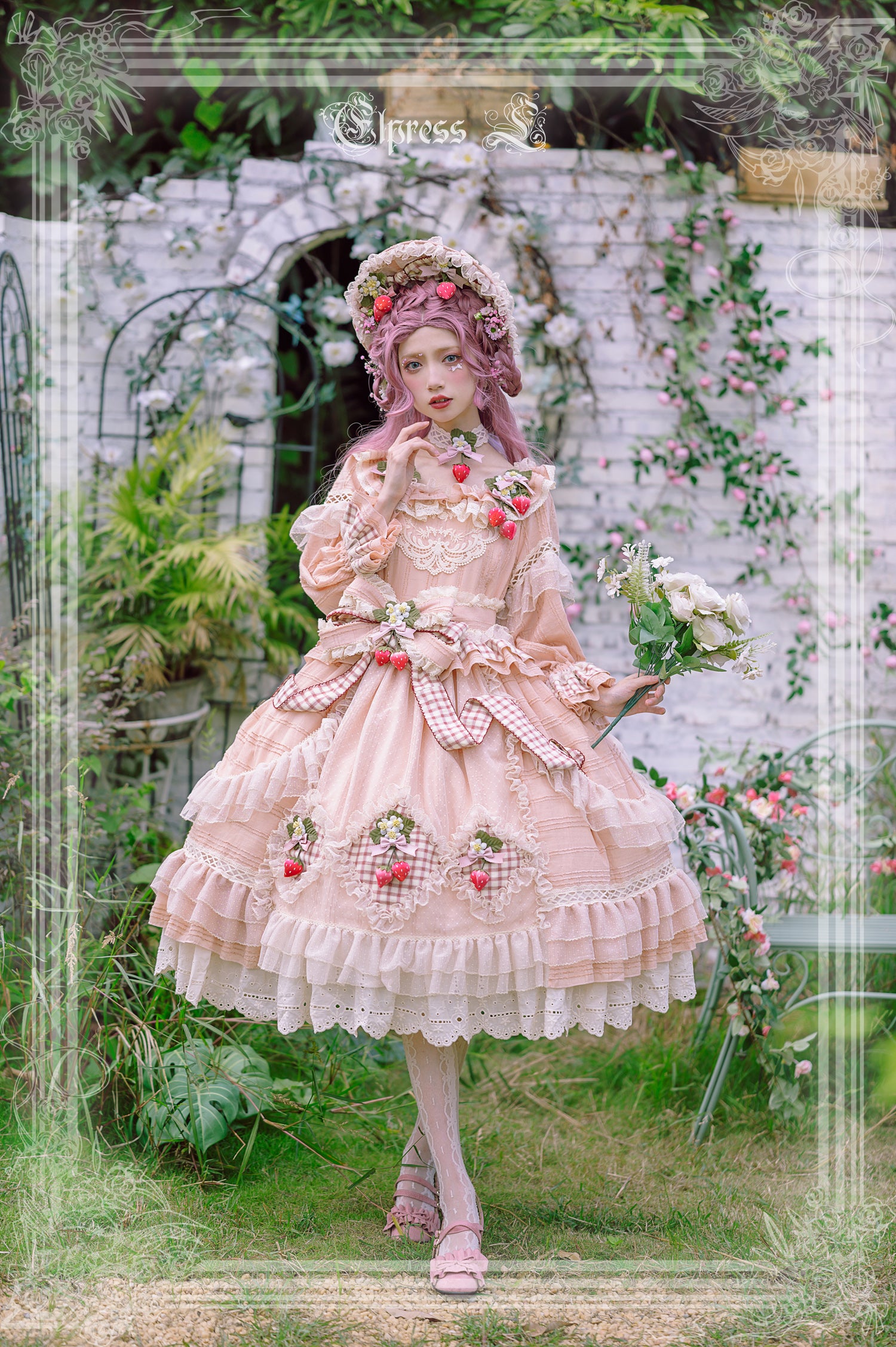 Elpress L - Peach Fragrance - Country Lolita Multicolors Strawberry Lolita OP Dress long XS grapefruit pink