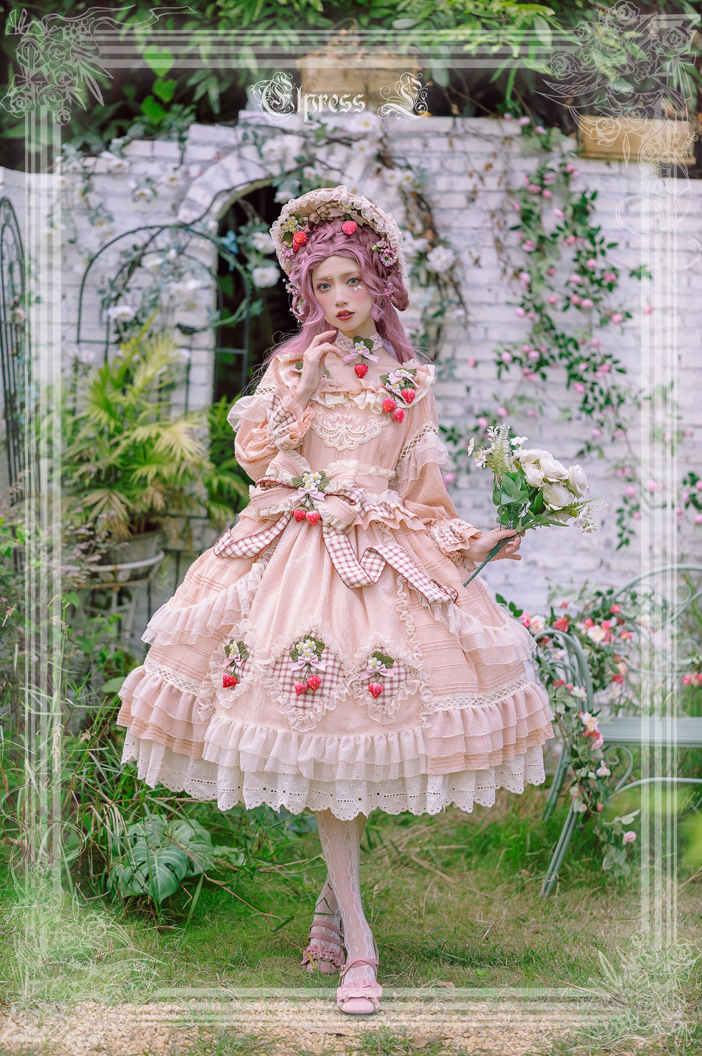 Elpress L~Peach Fragrance~Country Lolita Multicolors Strawberry Lolita OP Dress long XS grapefruit pink
