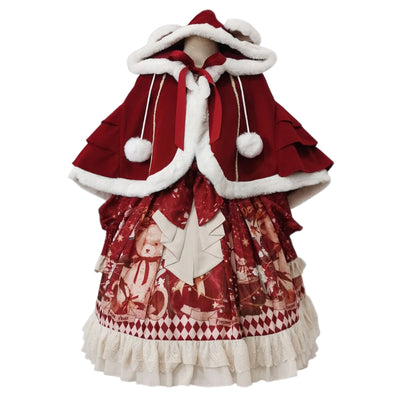 Your Princess~Bear Gift~Kawaii Lolita Christmas Dress and Cape S OP dress+short cloak 