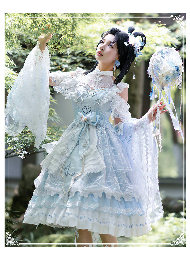 YingLuoFu~YaoYangFuJi~Lolita Tea Party JSK Dress S full set (jsk dress+cuffs+butterfly trailing) 