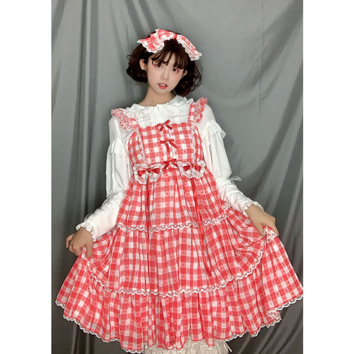 Sakurada Fawn~Plus Size Lolita Jumper Dress Plaid Sweet JSK S red 