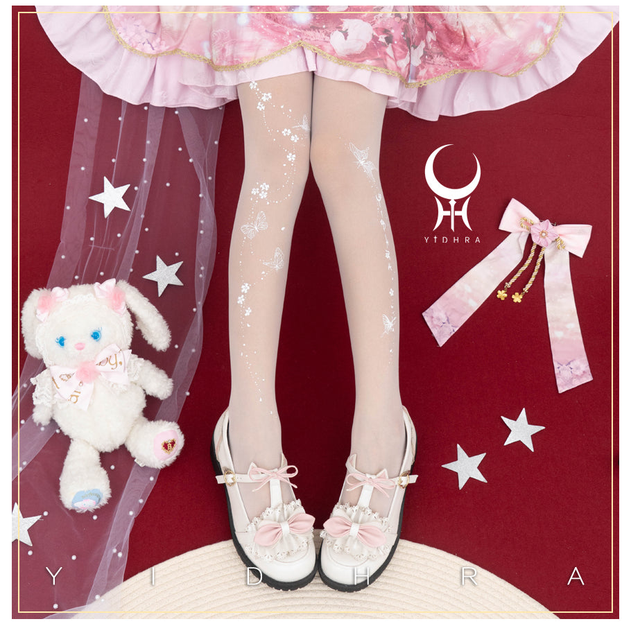 Yidhra - Butterfly Flowers - Summer 20D Velvet Lolita Tights One Size white
