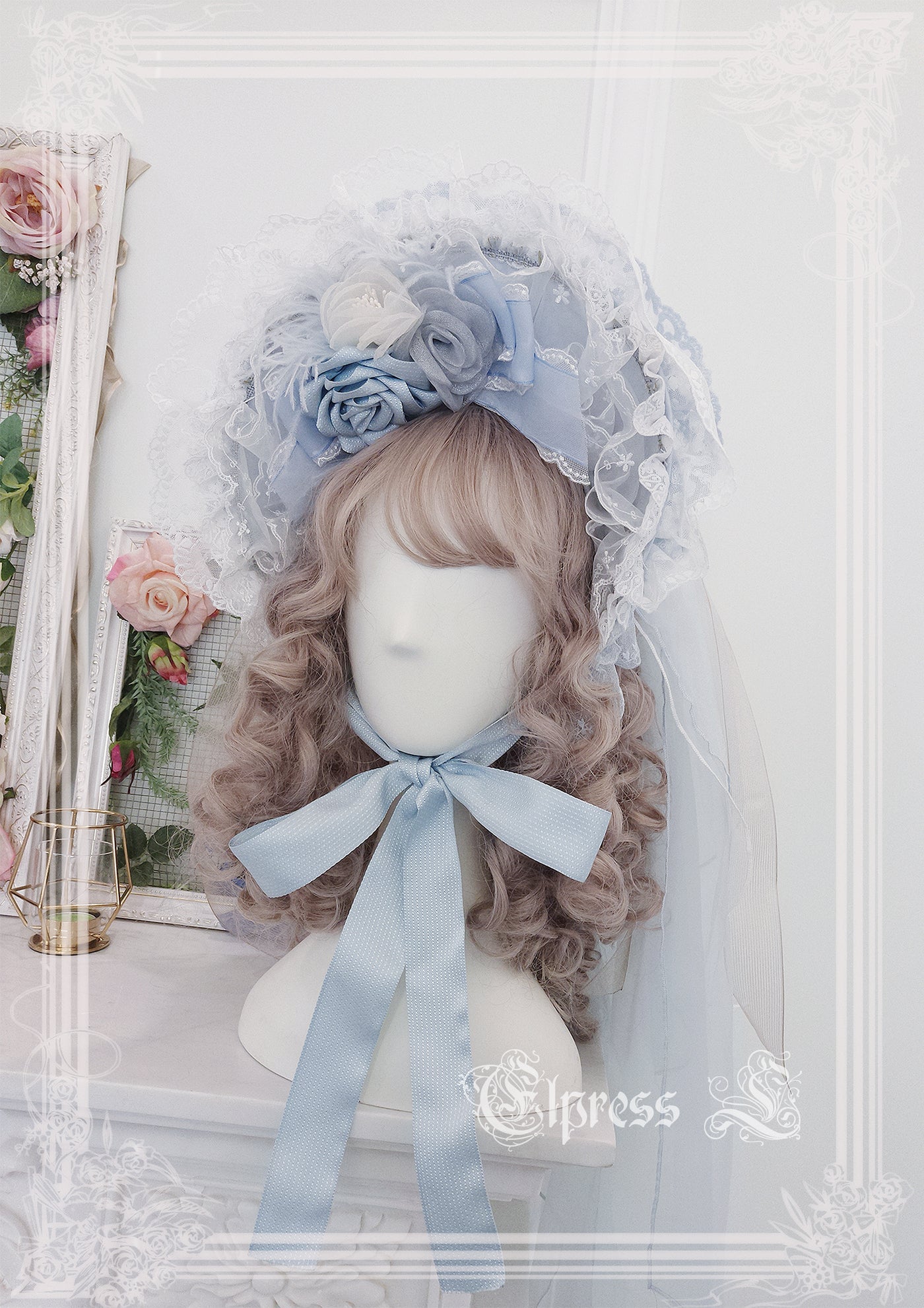 Elpress L~Christmas Flower Hairpins Lolita Mesh Veil KC Bonnet blue BNT 