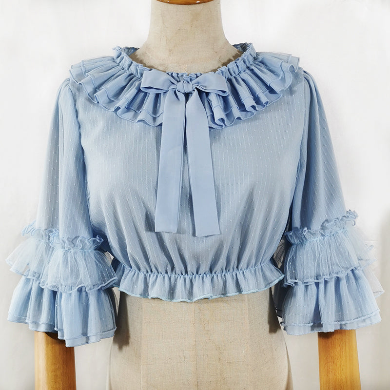 【PALEJADE】Chiffon Lace Puff BL Daily Lolita Shirt Cotton BlouseLong Sleeves