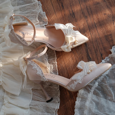 Sky Rabbit~Flower Wedding Elegant Lolita High Heel Shoes 34 8cm off-white (look some pink) 