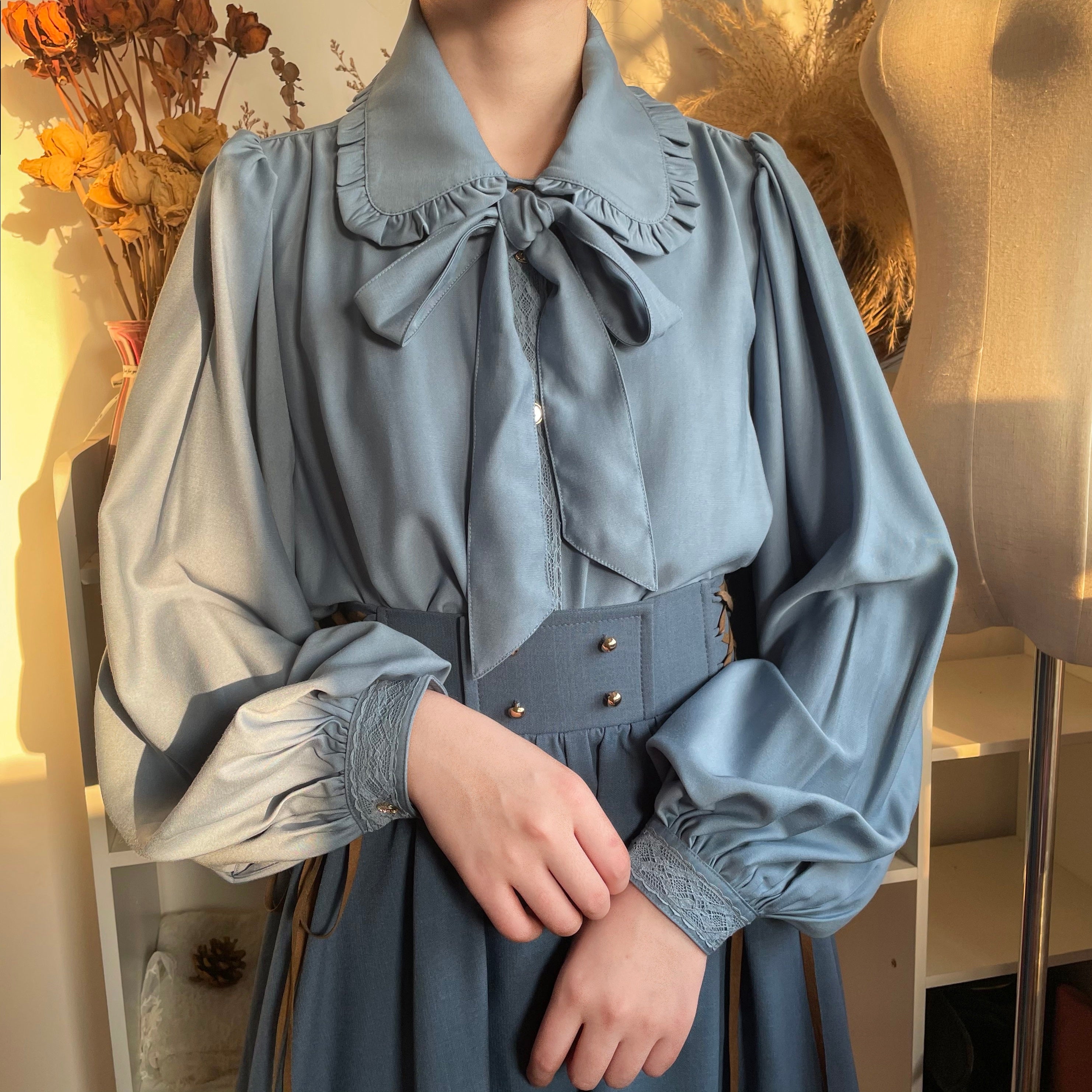 YuanSu - Mayer's Whisper - Vintage Lolita Large Sleeve Blouse S Grey Blue Color