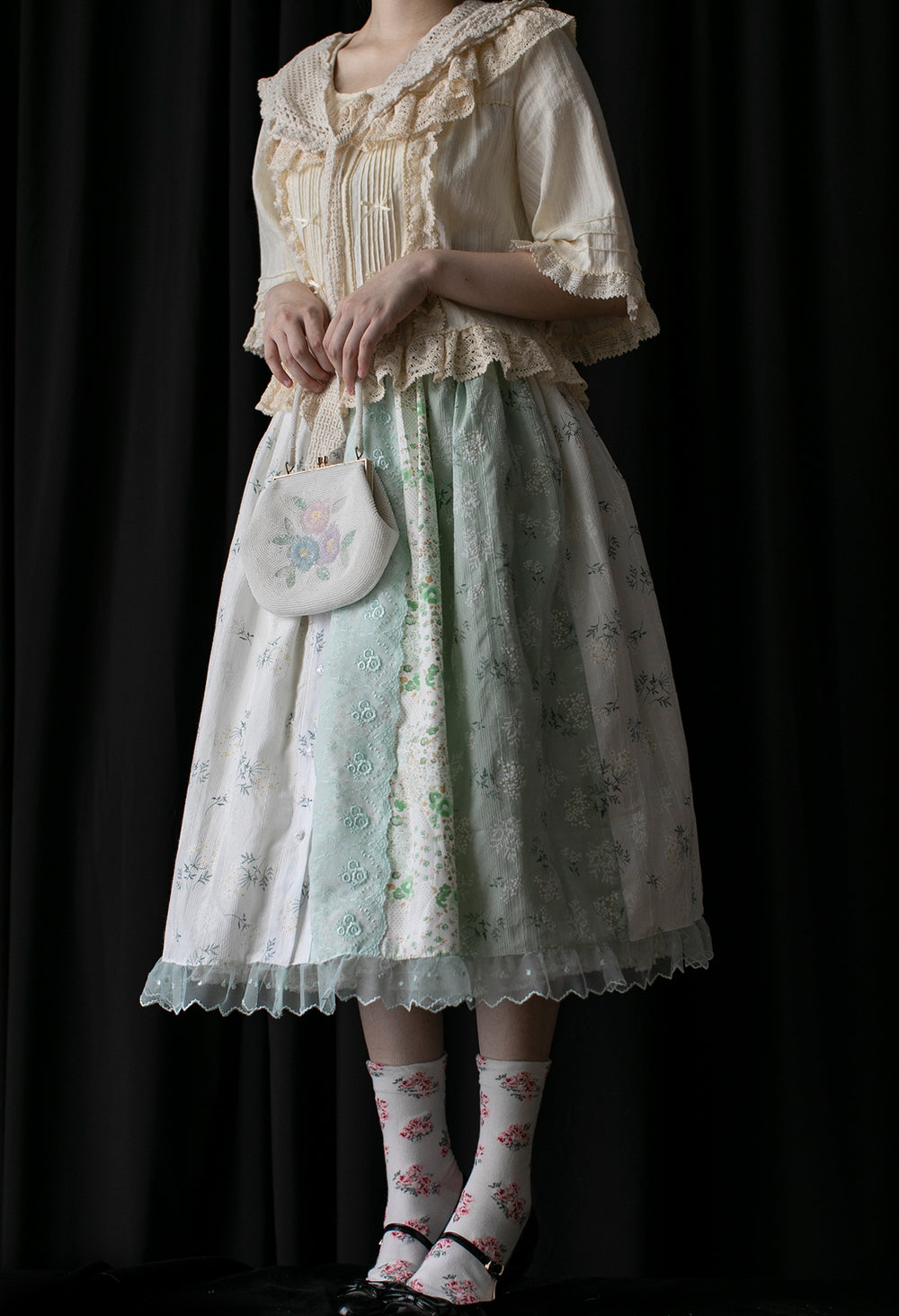 SweetDreamer~Nemo's Garden~Country Lolita Patchwork Skirt Free size freesia/length 73cm 