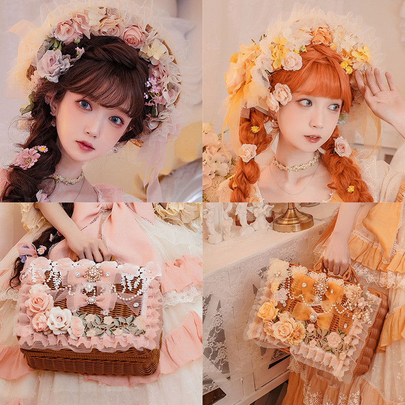 Cat Fairy~Vintage Aesthetic Rattan Woven Lolita Suitcase and Flower Bonnet   